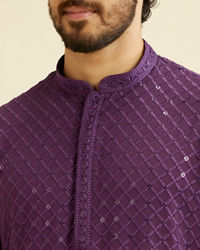 Manyavar Men Royal Purple Grid Patterned Chikankari Kurta Set with Sequin Work