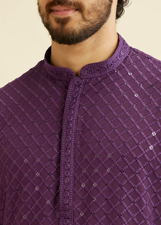 Manyavar Men Royal Purple Grid Patterned Chikankari Kurta Set with Sequin Work