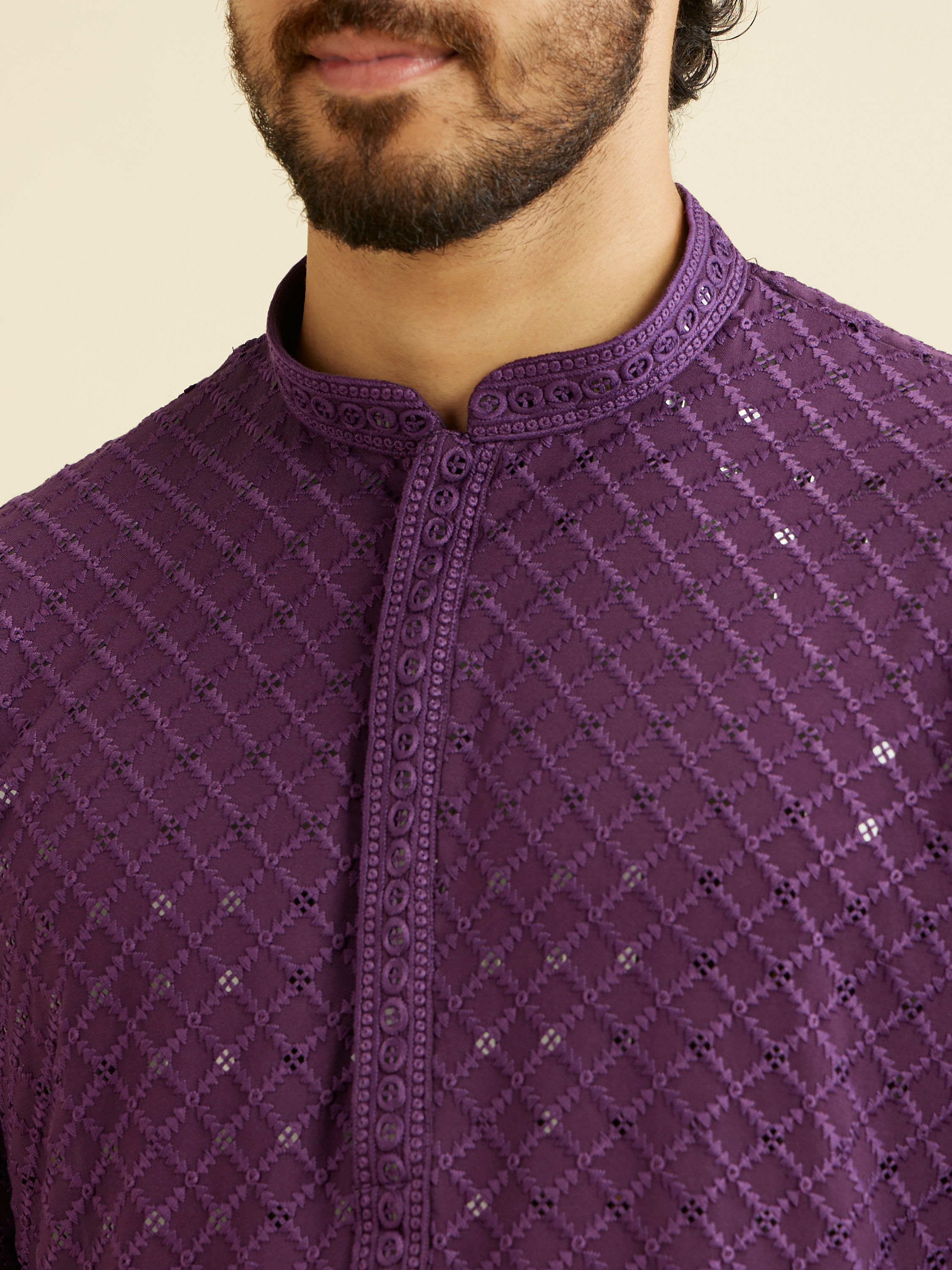 Manyavar Men Royal Purple Grid Patterned Chikankari Kurta Set with Sequin Work