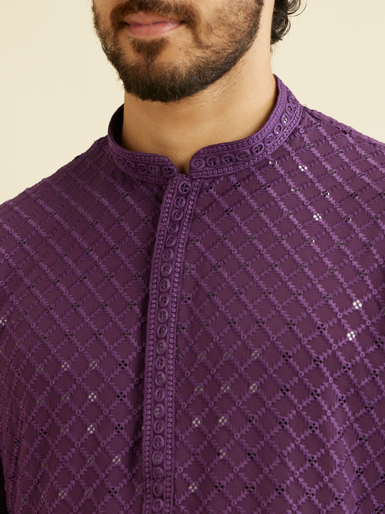 Manyavar Men Royal Purple Grid Patterned Chikankari Kurta Set with Sequin Work image number 1