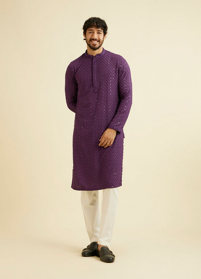Manyavar Men Royal Purple Grid Patterned Chikankari Kurta Set with Sequin Work