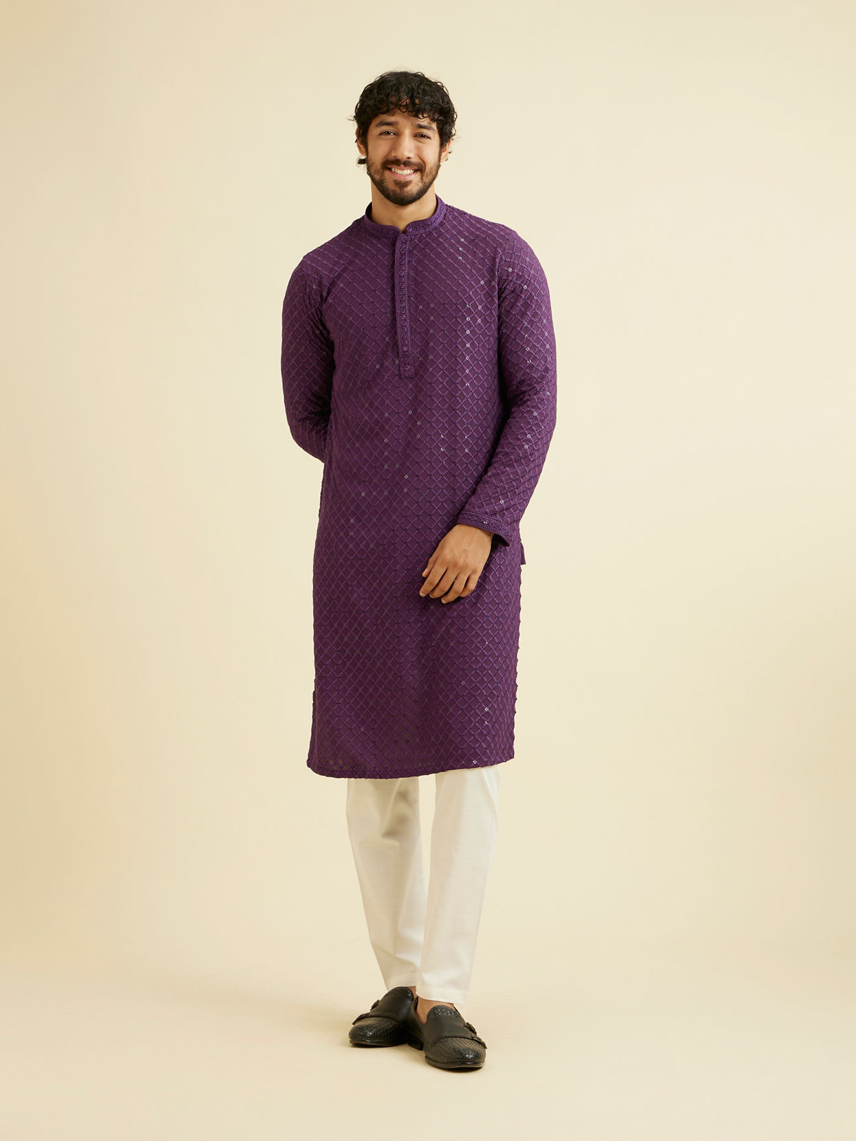 Manyavar Men Royal Purple Grid Patterned Chikankari Kurta Set with Sequin Work image number 2