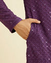 Manyavar Men Royal Purple Grid Patterned Chikankari Kurta Set with Sequin Work image number 3