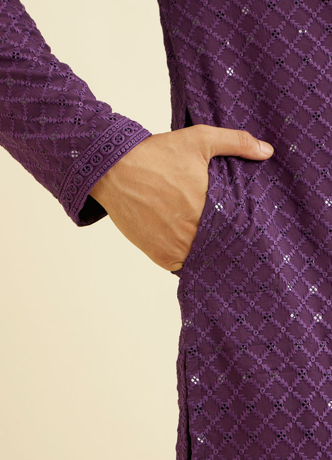 Manyavar Men Royal Purple Grid Patterned Chikankari Kurta Set with Sequin Work