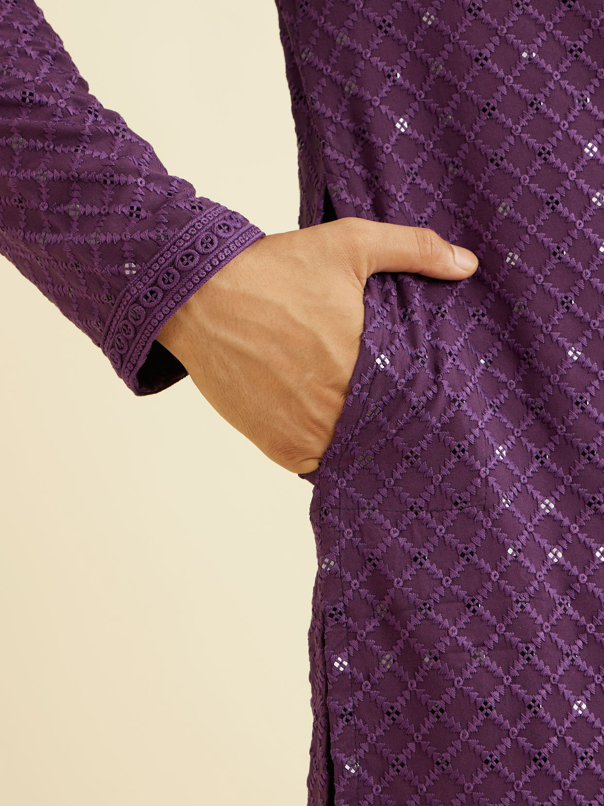 Manyavar Men Royal Purple Grid Patterned Chikankari Kurta Set with Sequin Work image number 3