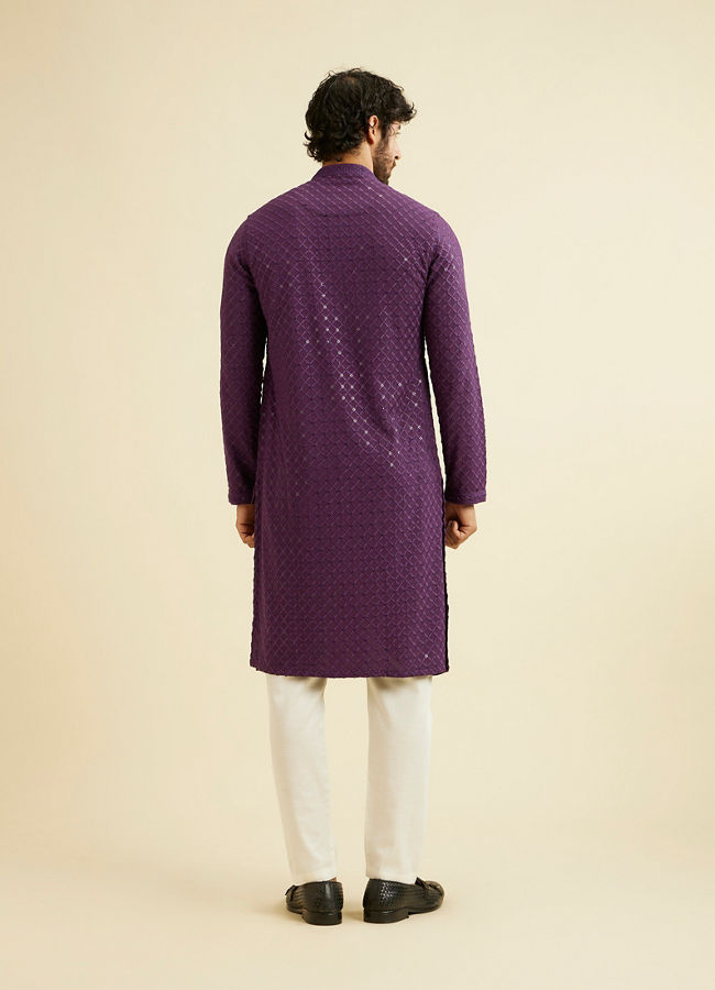 Manyavar Men Royal Purple Grid Patterned Chikankari Kurta Set with Sequin Work