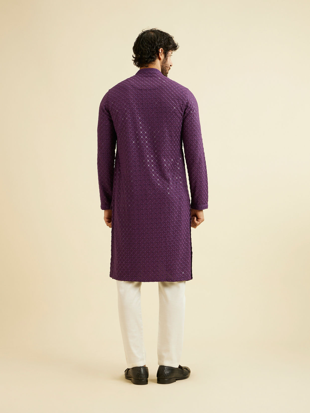 Manyavar Men Royal Purple Grid Patterned Chikankari Kurta Set with Sequin Work