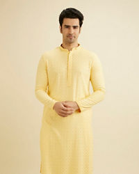 Manyavar Men Sunglow Yellow Grid Patterned Chikankari Kurta Set with Sequin Work