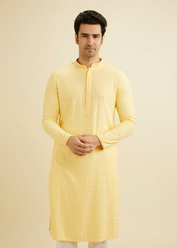 Manyavar Men Sunglow Yellow Grid Patterned Chikankari Kurta Set with Sequin Work