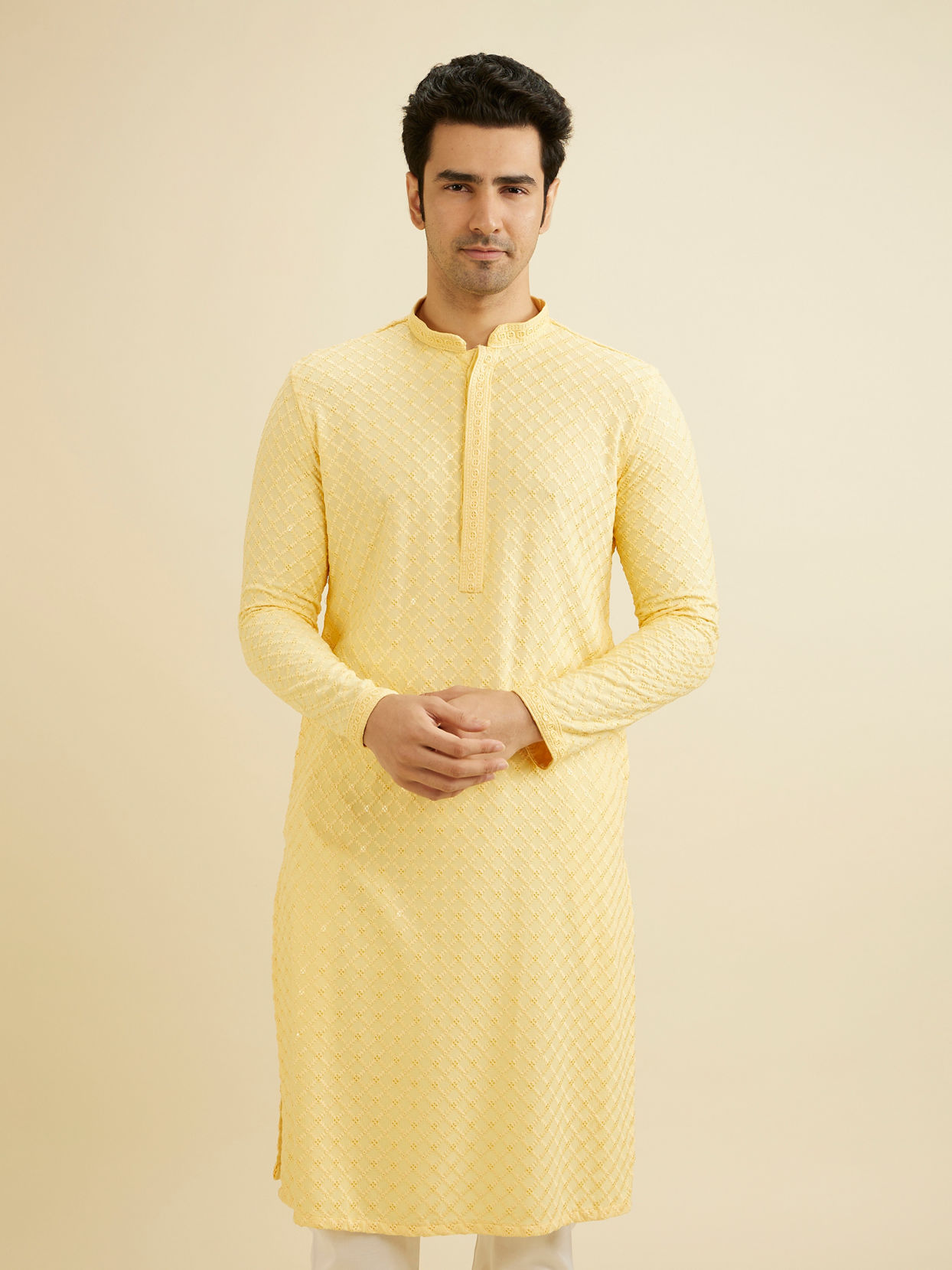 Manyavar Men Sunglow Yellow Grid Patterned Chikankari Kurta Set with Sequin Work image number 0