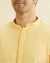 Manyavar Men Sunglow Yellow Grid Patterned Chikankari Kurta Set with Sequin Work image number 1