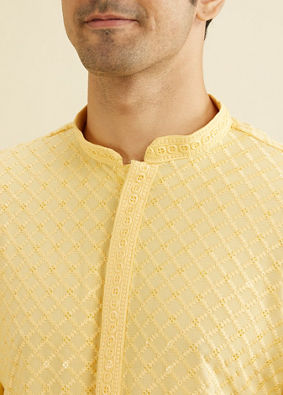 Manyavar Men Sunglow Yellow Grid Patterned Chikankari Kurta Set with Sequin Work