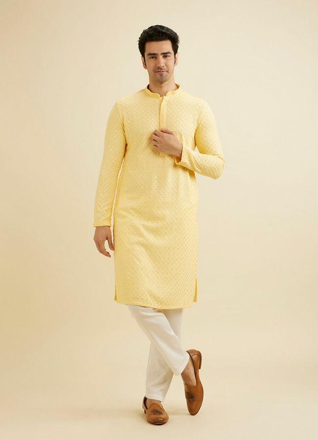 Manyavar Men Sunglow Yellow Grid Patterned Chikankari Kurta Set with Sequin Work image number 2