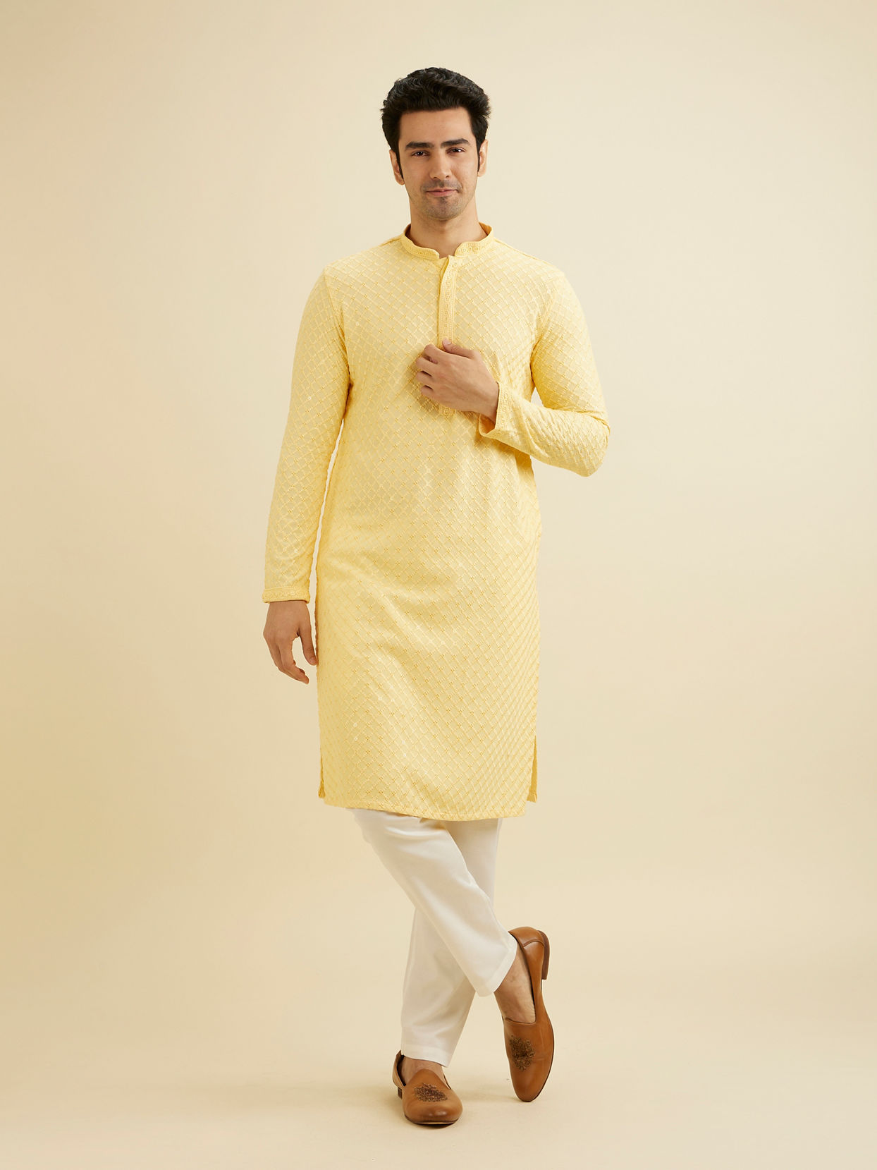 Manyavar Men Sunglow Yellow Grid Patterned Chikankari Kurta Set with Sequin Work image number 2