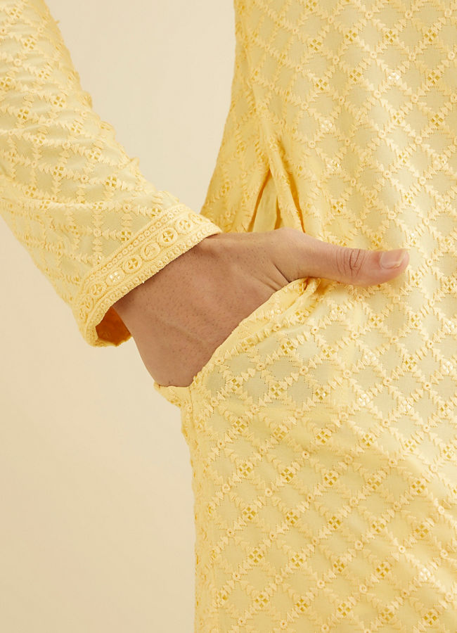 Manyavar Men Sunglow Yellow Grid Patterned Chikankari Kurta Set with Sequin Work image number 3