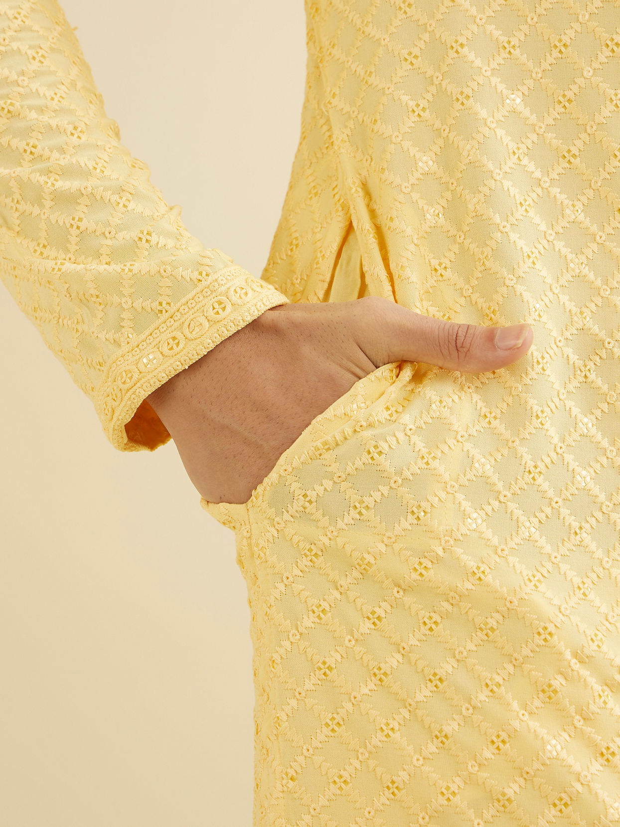 Manyavar Men Sunglow Yellow Grid Patterned Chikankari Kurta Set with Sequin Work image number 3