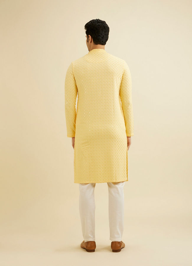 Manyavar Men Sunglow Yellow Grid Patterned Chikankari Kurta Set with Sequin Work image number 5