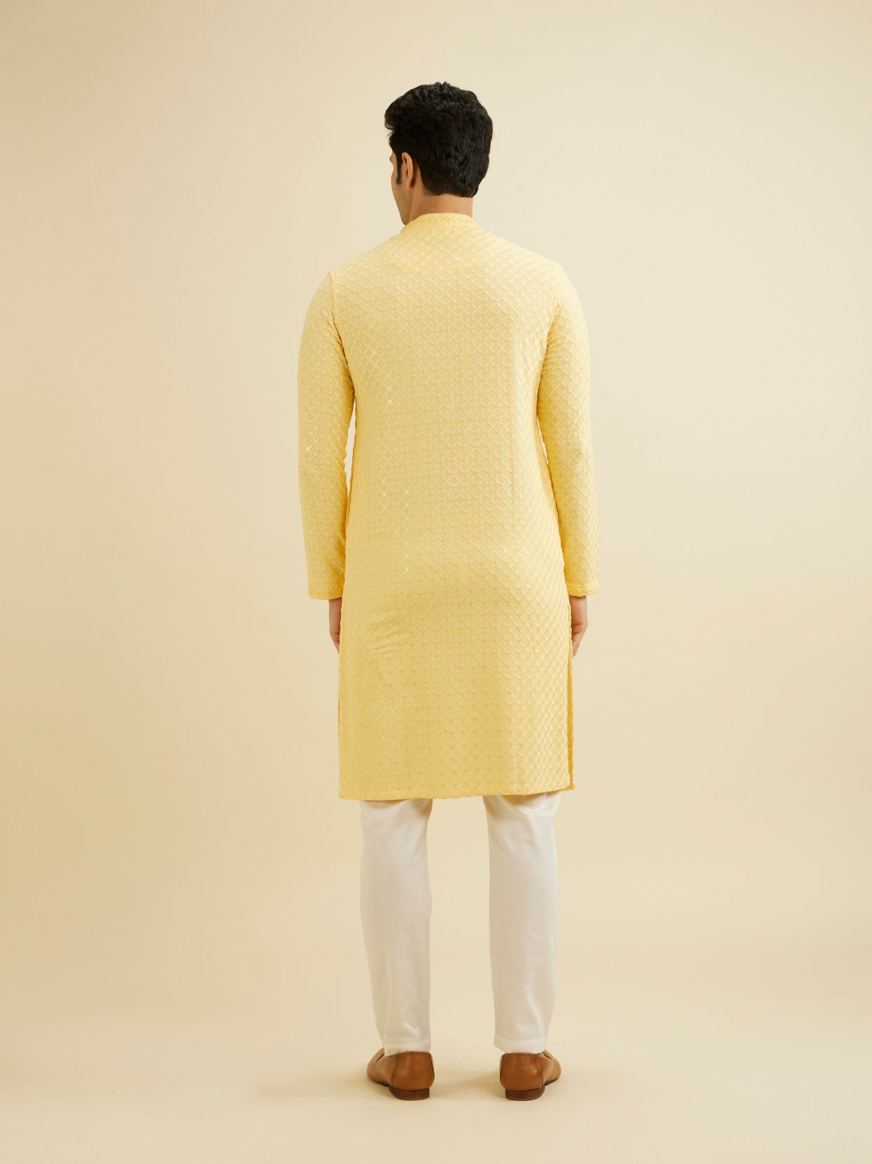 Manyavar Men Sunglow Yellow Grid Patterned Chikankari Kurta Set with Sequin Work image number 5