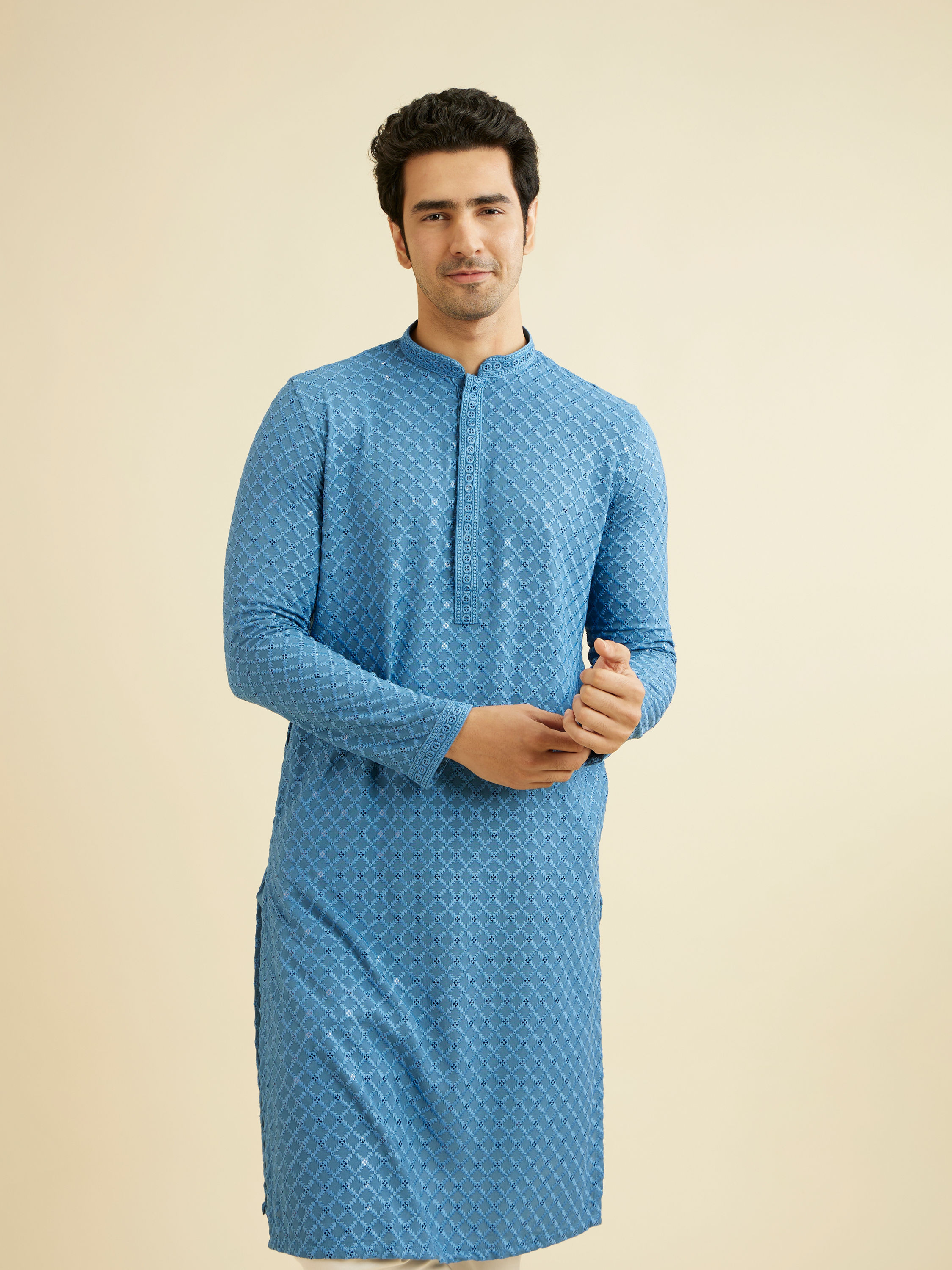 Manyavar Men Cerulean Blue Grid Patterned Chikankari Kurta Set with Sequin Work