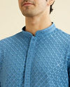 Manyavar Men Cerulean Blue Grid Patterned Chikankari Kurta Set with Sequin Work image number 1