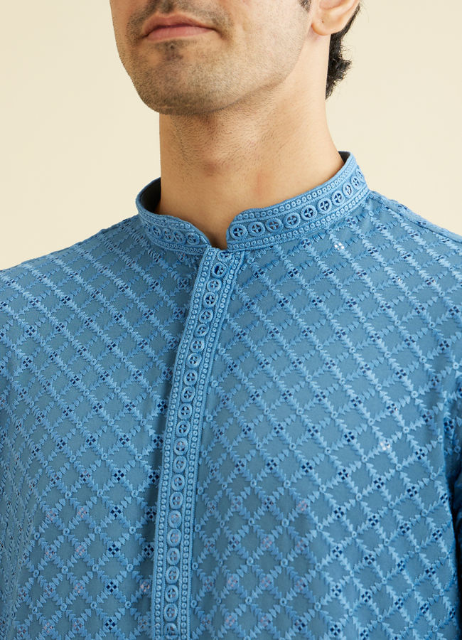 Manyavar Men Cerulean Blue Grid Patterned Chikankari Kurta Set with Sequin Work image number 1