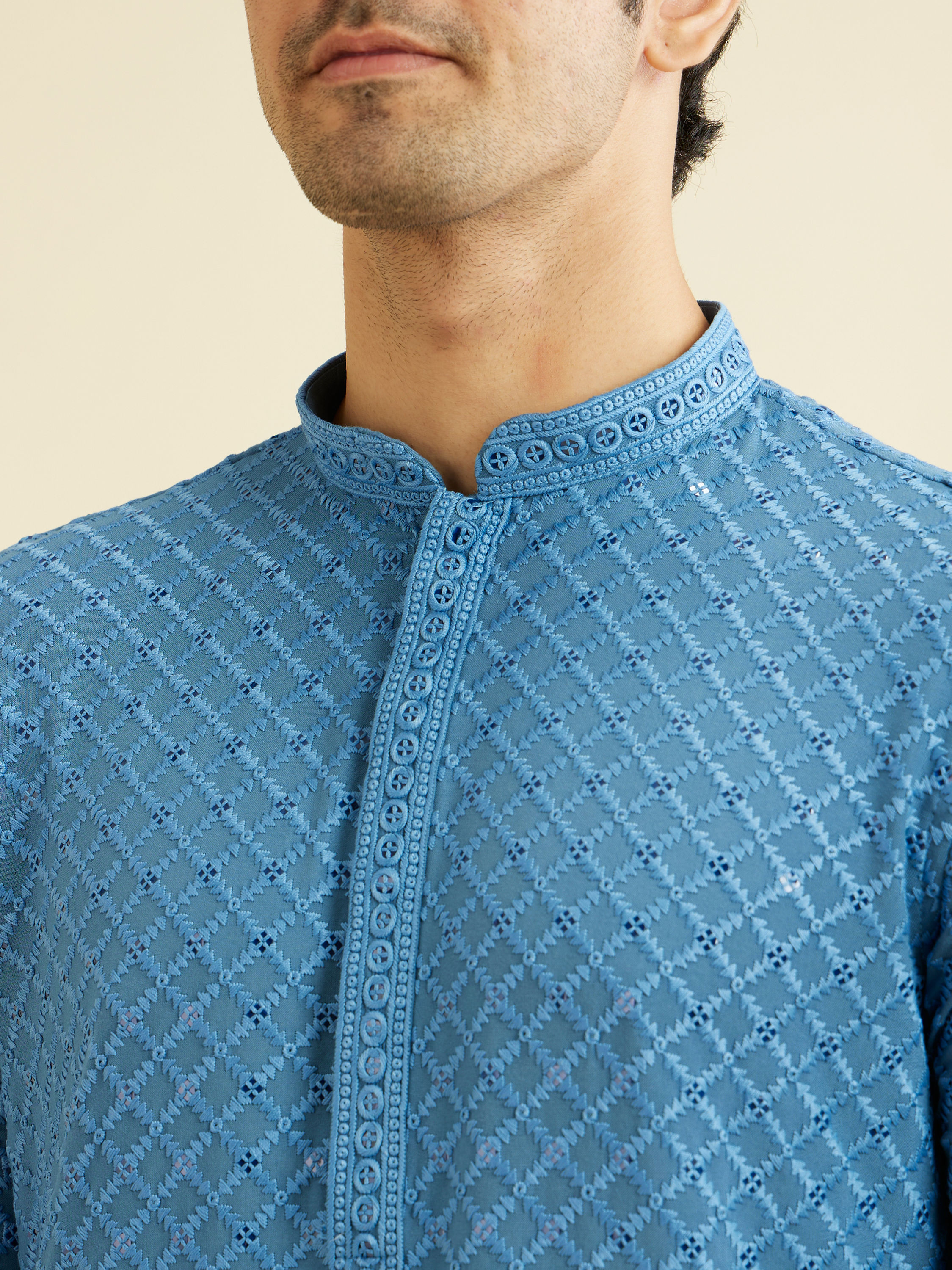 Manyavar Men Cerulean Blue Grid Patterned Chikankari Kurta Set with Sequin Work