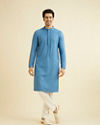 Manyavar Men Cerulean Blue Grid Patterned Chikankari Kurta Set with Sequin Work
