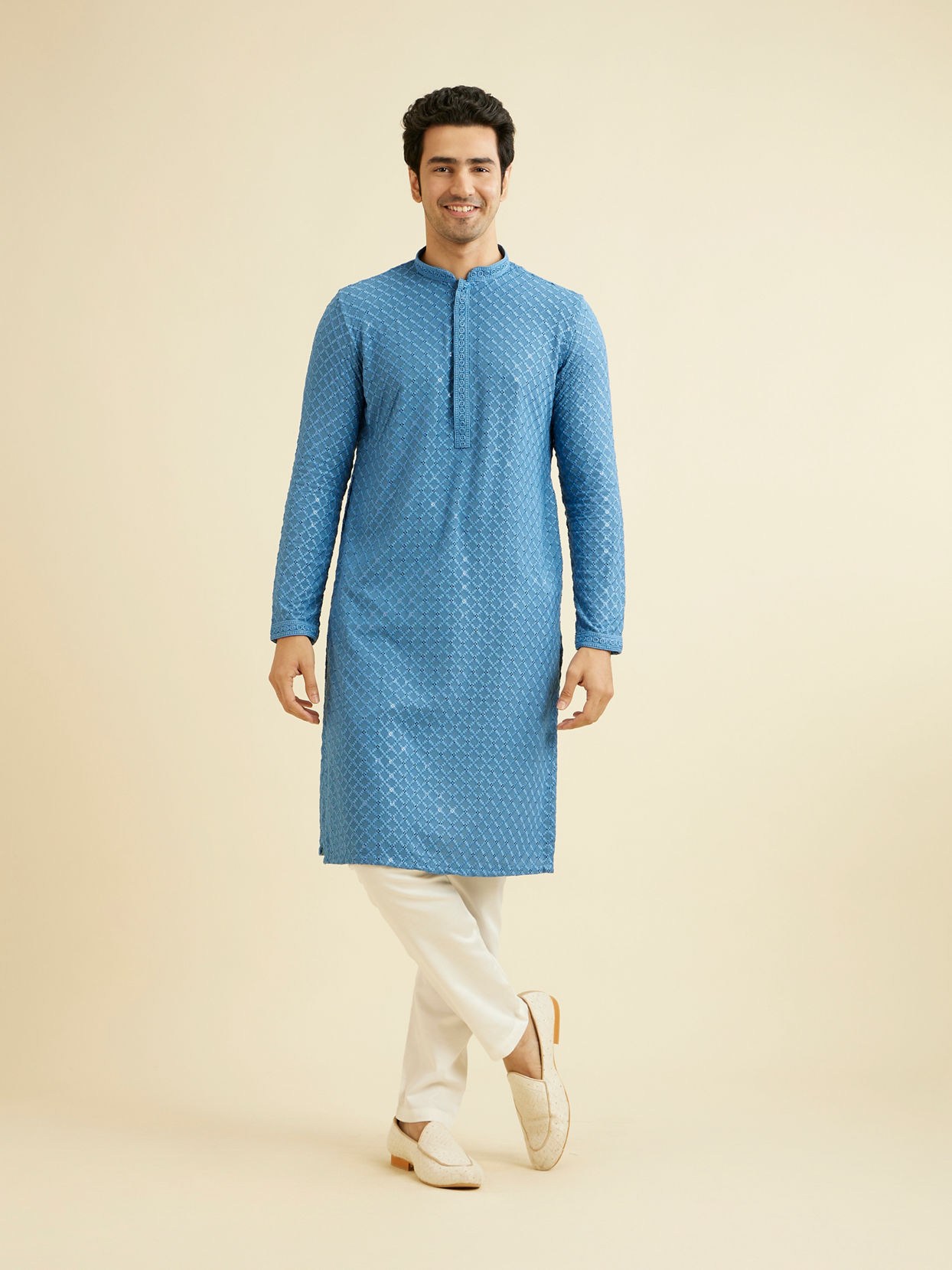 Manyavar Men Cerulean Blue Grid Patterned Chikankari Kurta Set with Sequin Work
