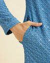 Manyavar Men Cerulean Blue Grid Patterned Chikankari Kurta Set with Sequin Work