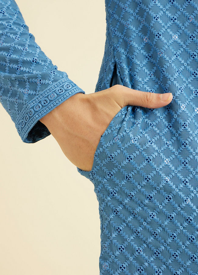 Manyavar Men Cerulean Blue Grid Patterned Chikankari Kurta Set with Sequin Work