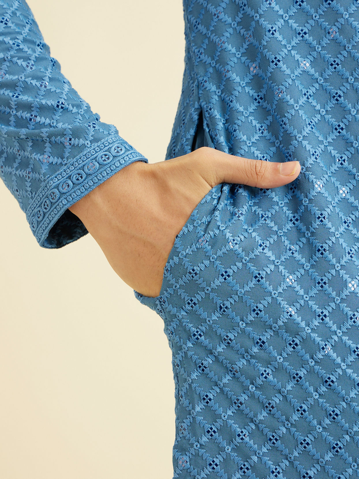 Manyavar Men Cerulean Blue Grid Patterned Chikankari Kurta Set with Sequin Work