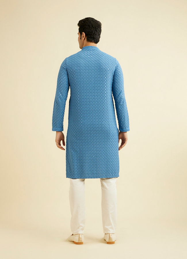 Manyavar Men Cerulean Blue Grid Patterned Chikankari Kurta Set with Sequin Work