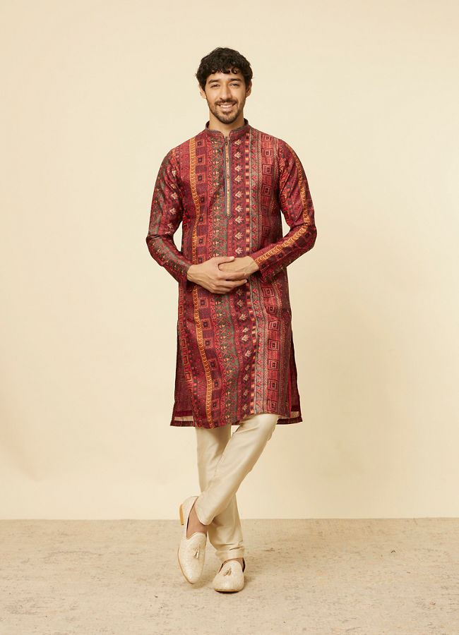 Manyavar Men Rust Red Multi coloured Printed Kurta Set