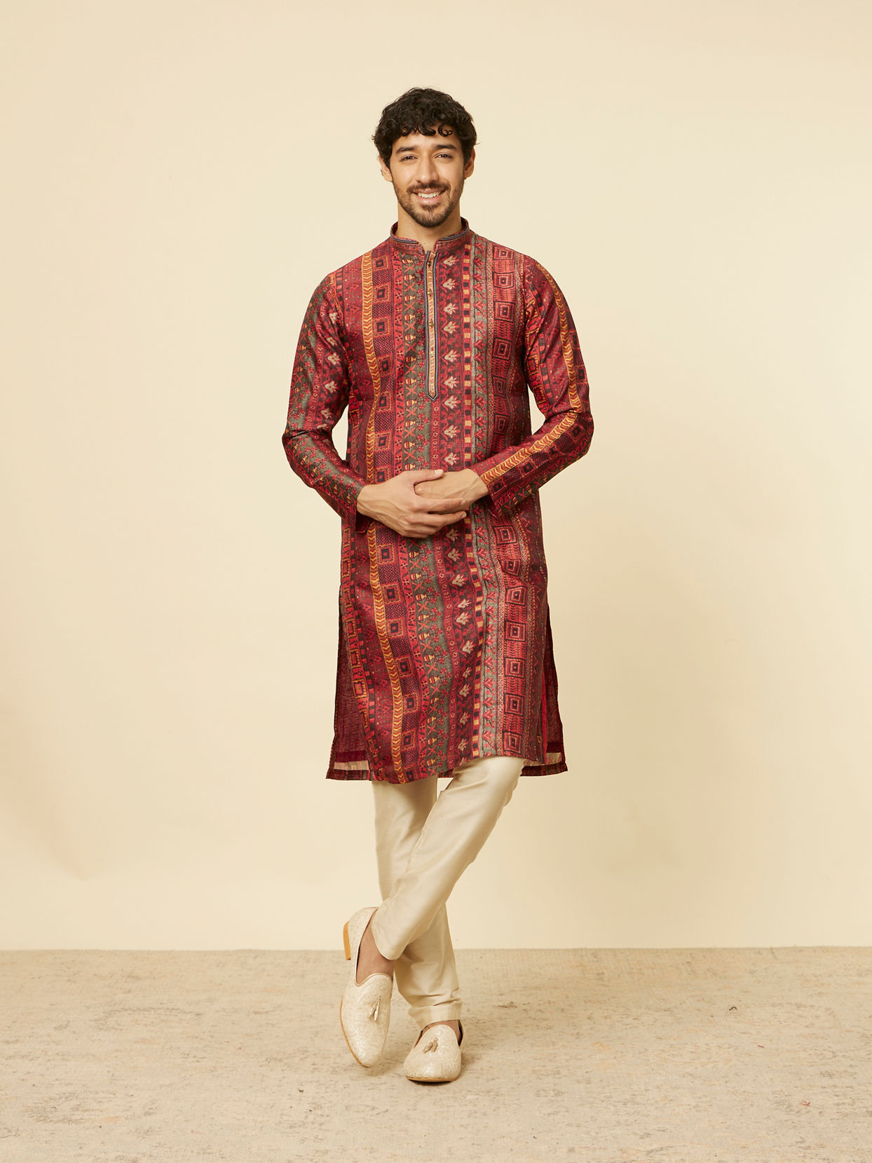 alt message - Manyavar Men Rust Red Multi-coloured Printed Kurta Set image number 2