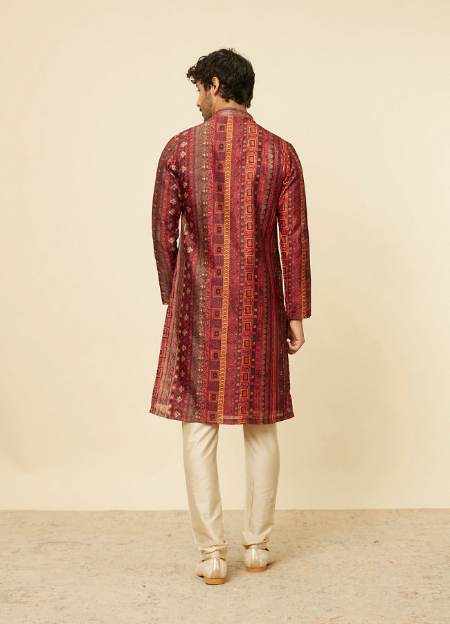 Manyavar Men Rust Red Multi coloured Printed Kurta Set