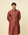 alt message - Manyavar Men Rust Red Multi-coloured Printed Kurta Set image number 0