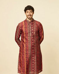 Manyavar Men Rust Red Multi coloured Printed Kurta Set