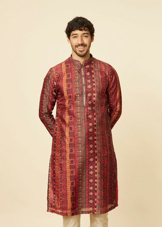 Manyavar Men Rust Red Multi coloured Printed Kurta Set