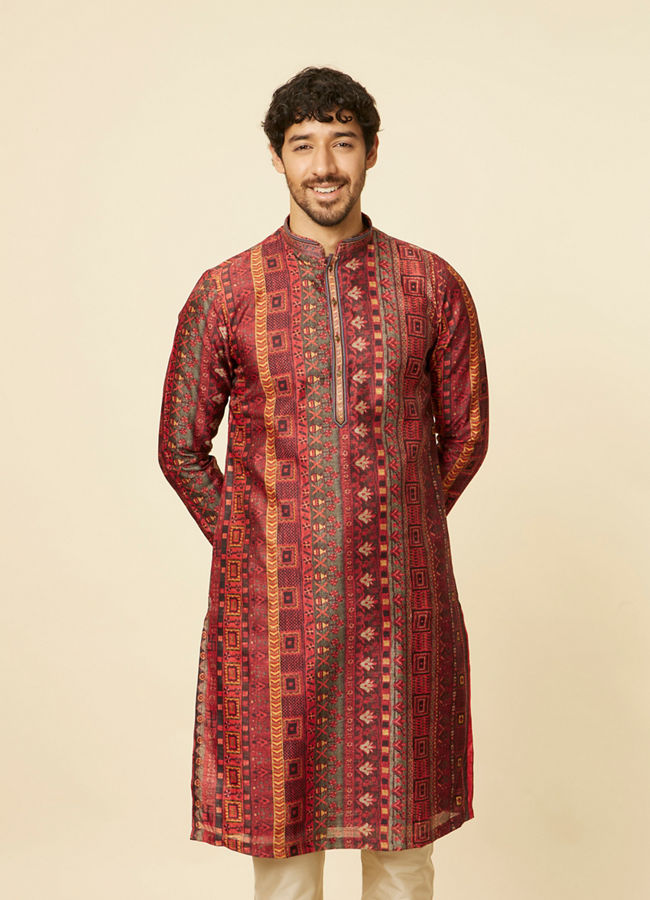 alt message - Manyavar Men Rust Red Multi-coloured Printed Kurta Set image number 0