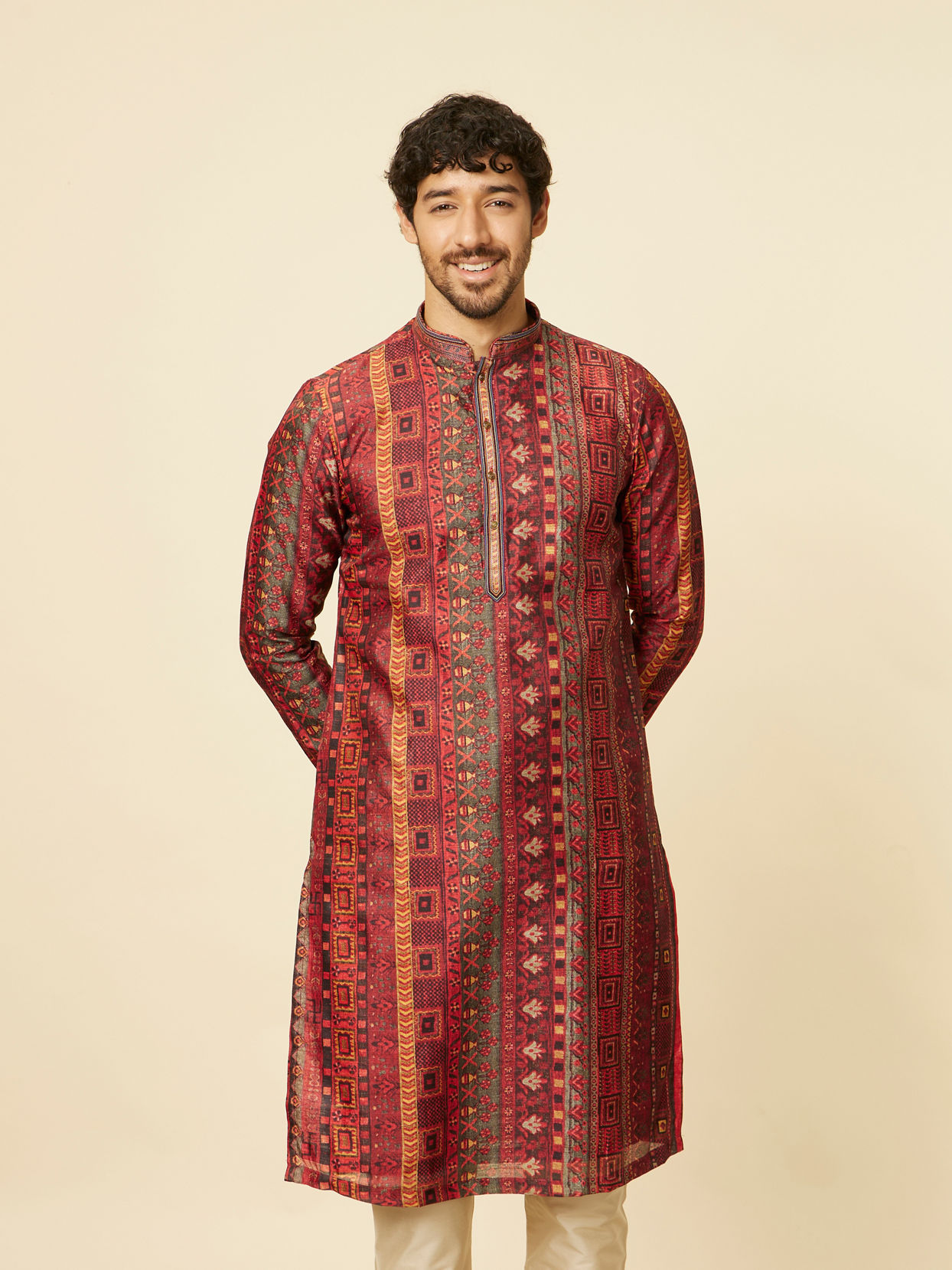 alt message - Manyavar Men Rust Red Multi-coloured Printed Kurta Set image number 0