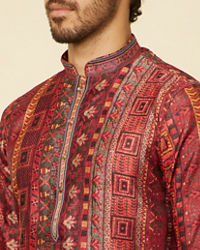 Manyavar Men Rust Red Multi coloured Printed Kurta Set