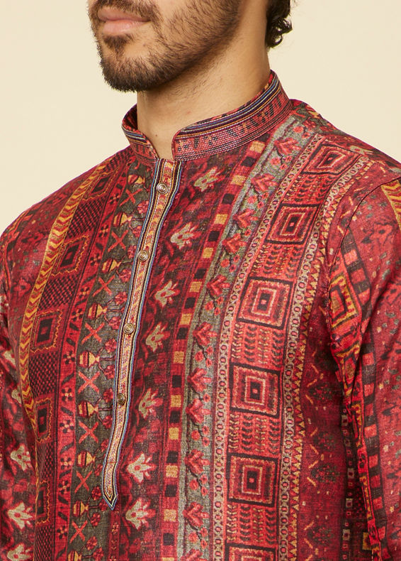 Manyavar Men Rust Red Multi coloured Printed Kurta Set