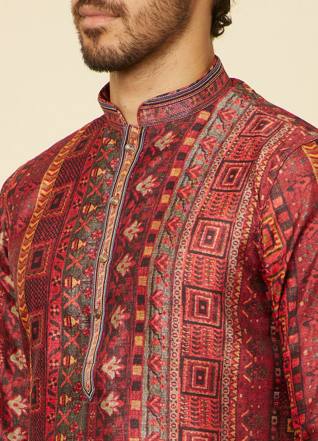 alt message - Manyavar Men Rust Red Multi-coloured Printed Kurta Set image number 1