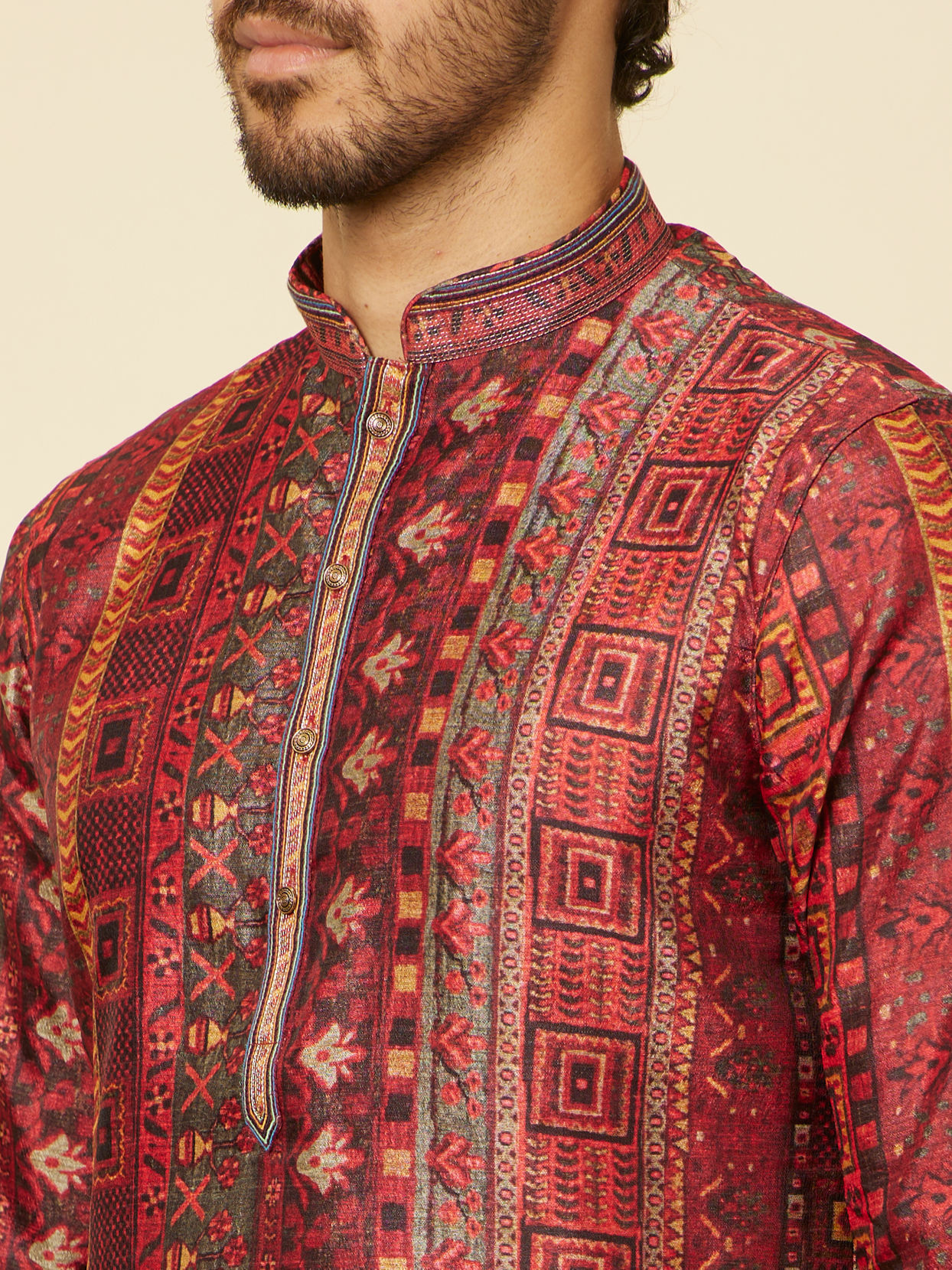 alt message - Manyavar Men Rust Red Multi-coloured Printed Kurta Set image number 1