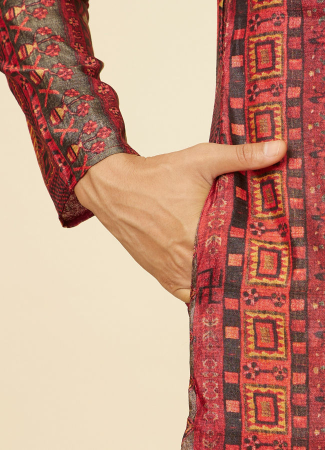Manyavar Men Rust Red Multi coloured Printed Kurta Set