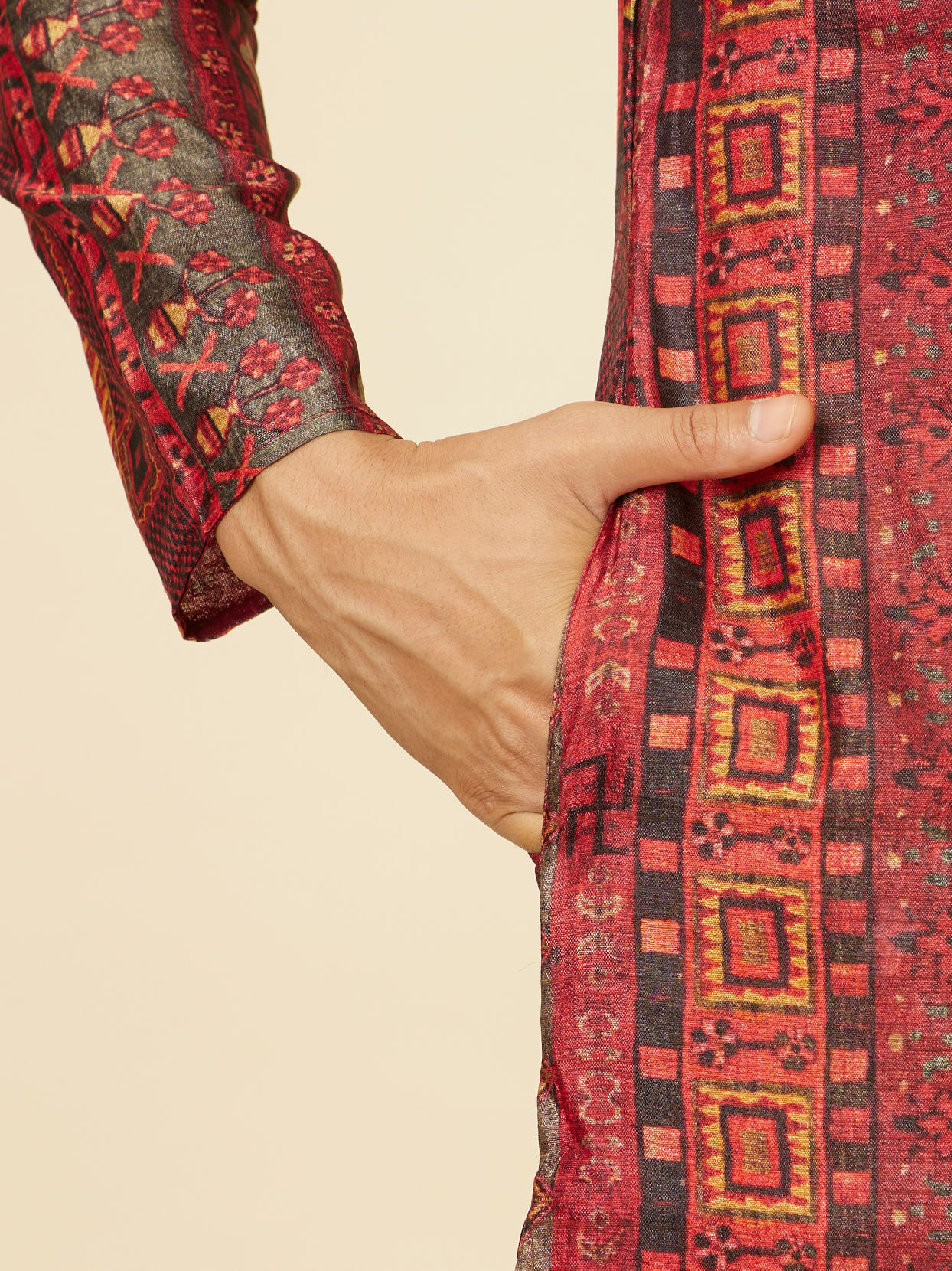 Manyavar Men Rust Red Multi coloured Printed Kurta Set
