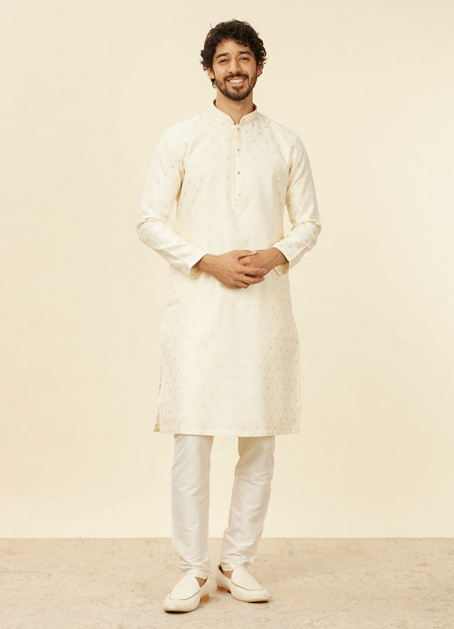 Manyavar Men Soft Cream Kurta Set with Buta Motifs