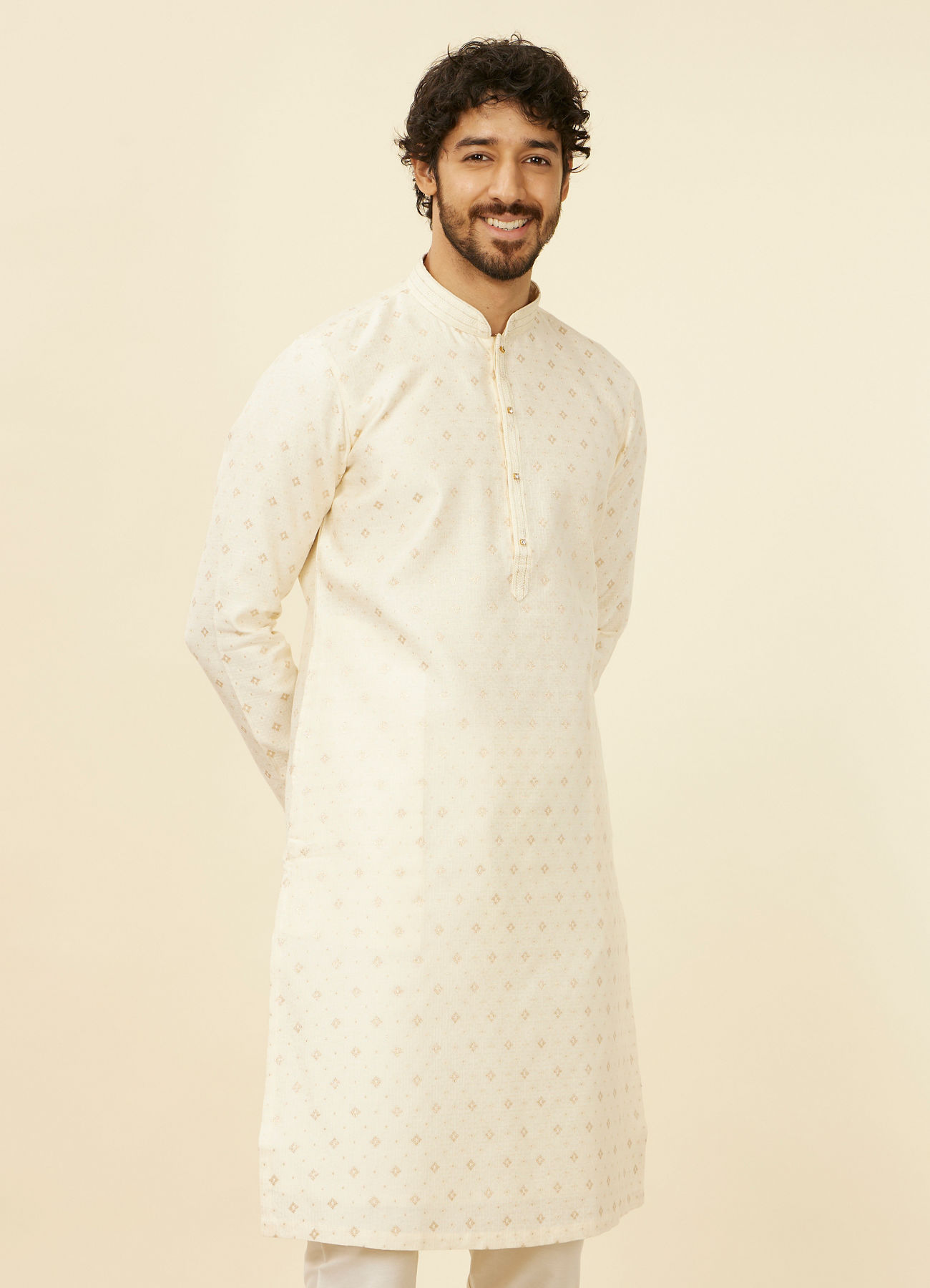 Manyavar Men Soft Cream Kurta Set with Buta Motifs