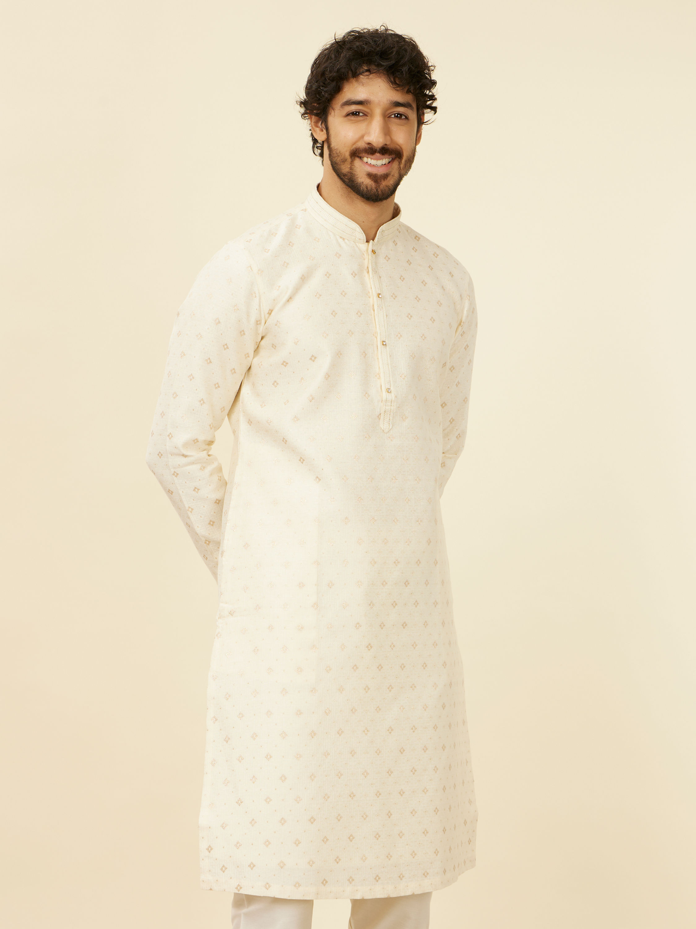 Manyavar Men Soft Cream Kurta Set with Buta Motifs