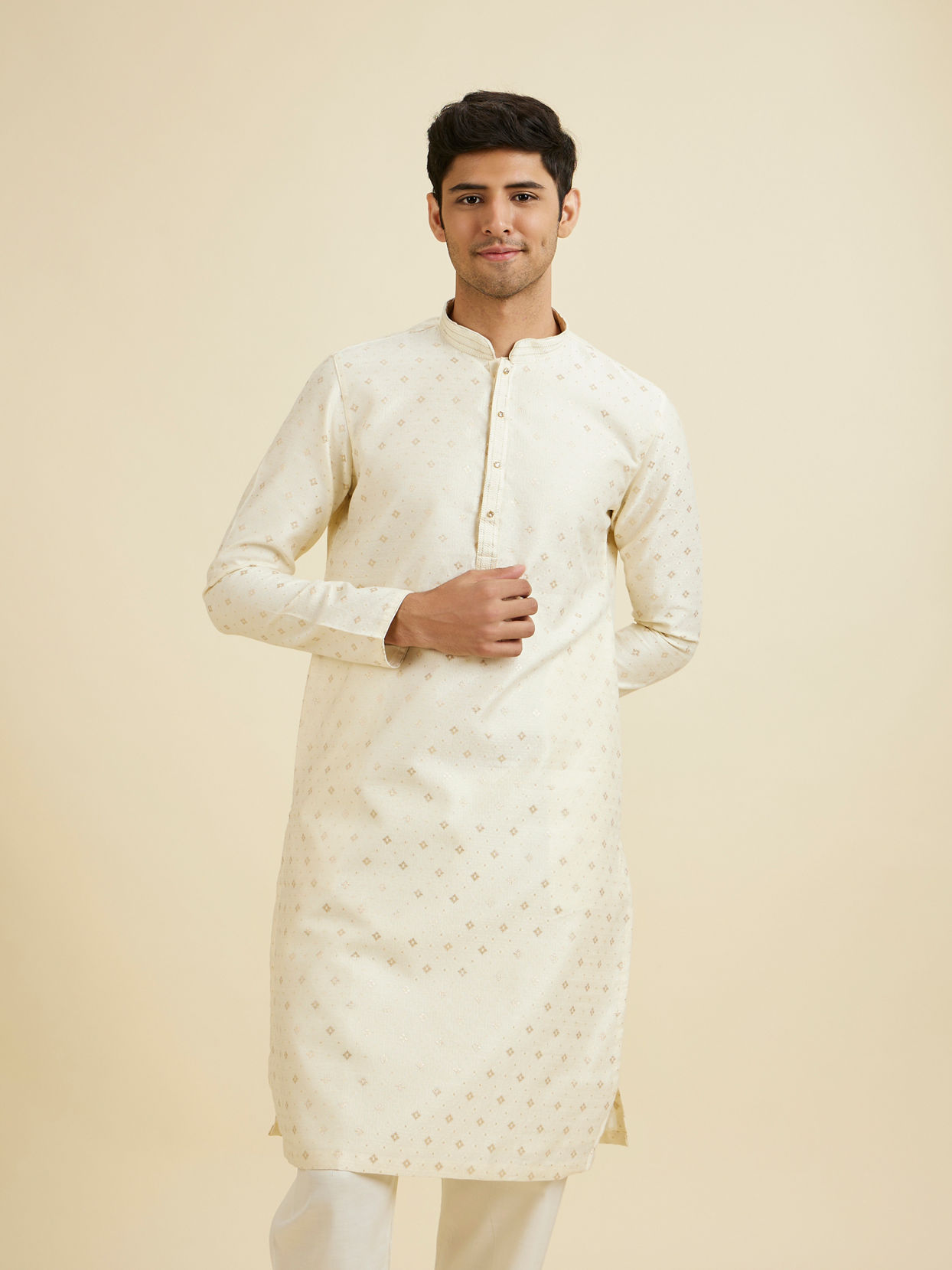 Manyavar Men Soft Cream Kurta Set with Buta Motifs